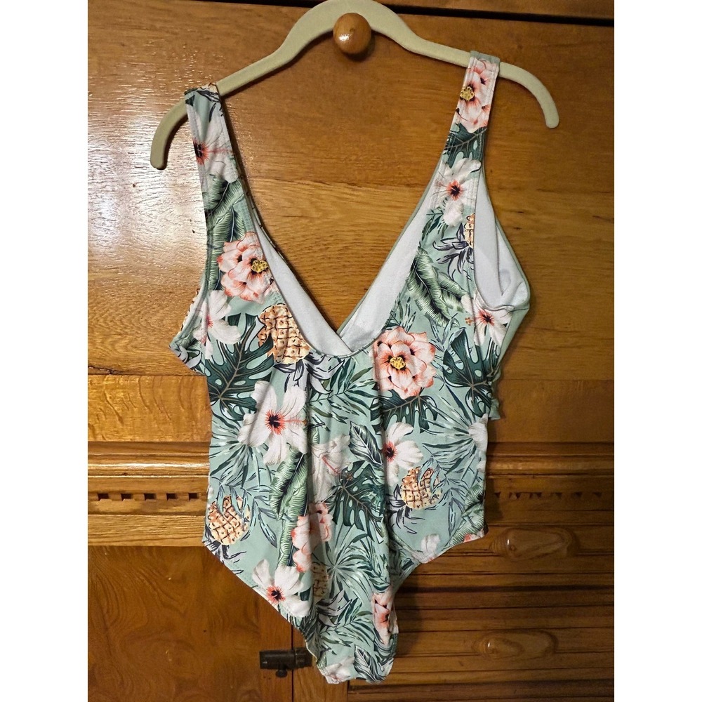Tropical Floral Pineapple One Piece Swimsuit Sage Green Wrap Tie Large Boho Chic - Picture 2 of 11